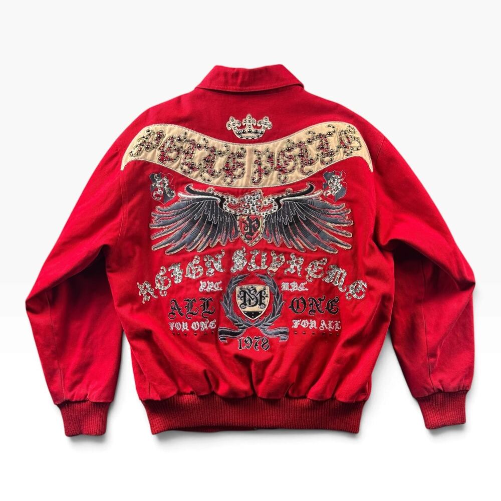 Pelle Pelle Reign Supreme Red Bomber Jacket Mens L Embroidered Studded Y2K